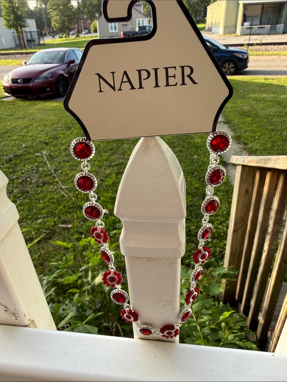 NWT Napier Silver-Tone Necklace with Deep Red floral & round Crystals